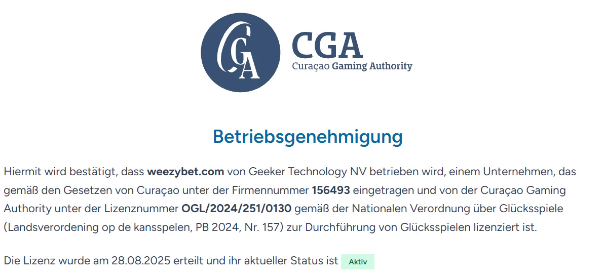 WeezyBet Casino Betriebsgenehmigung der Curaçao Gaming Authority mit Lizenznummer OGL/2024/251/0130 und aktivem Lizenzstatus