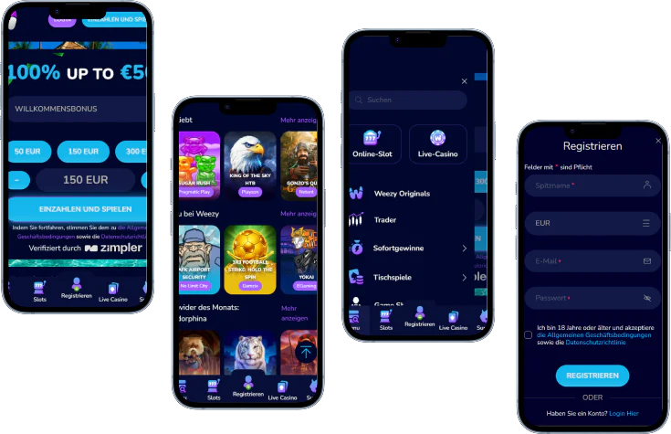 WeezyBet Casino mobile Ansicht mit Willkommensbonus, Spielautomaten, Spielmenü und Registrierungsformular auf vier Smartphones