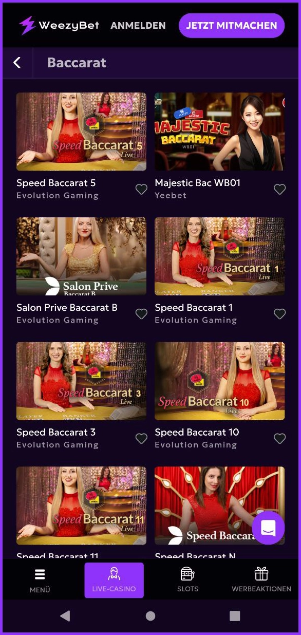 Online Baccarat-Tische im Weezybet Casino