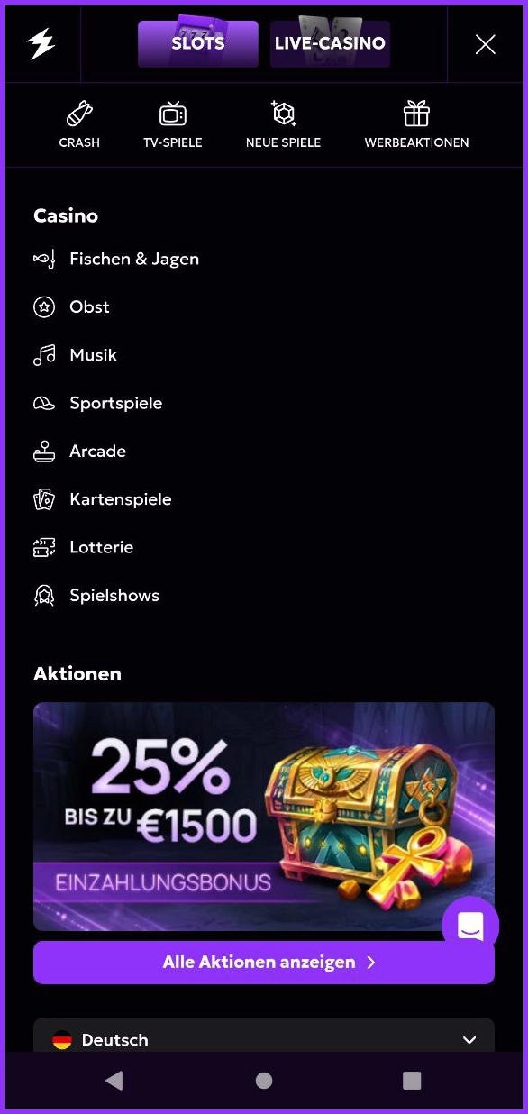 Spielkategorien und Bereiche im Weezybet aufgelistet